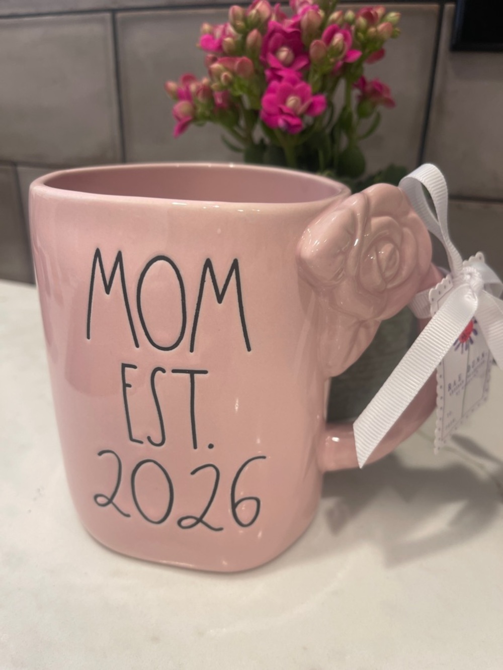 Rae Dunn Pink 💕 ‘MOM EST. 2026' Ceramic Mug with Floral Handle NWT